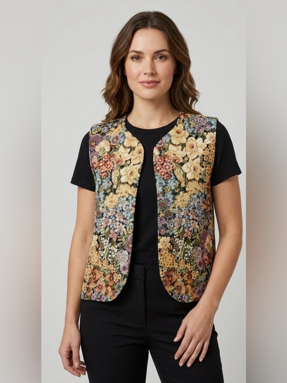 Vintage Floral Tapestry Open Front Vest | Boho Cottagecore Sleeveless Cardigan